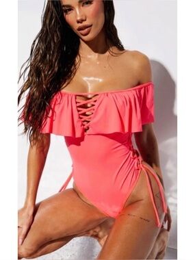 Tinibikini Off The Shoulder Coral Pink One Piece Swimsuit